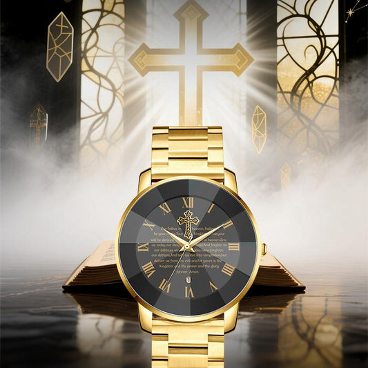 【Holiday Haul】Men's and Women’s Watch with Bible Verse and Cross Design, Waterproof Stainless Steel Band, Business Casual Style, Gold Sapphire Crystal, Perfect Gift for Birthdays, Christmas, and Halloween Quartz Chronograph Rhinestone