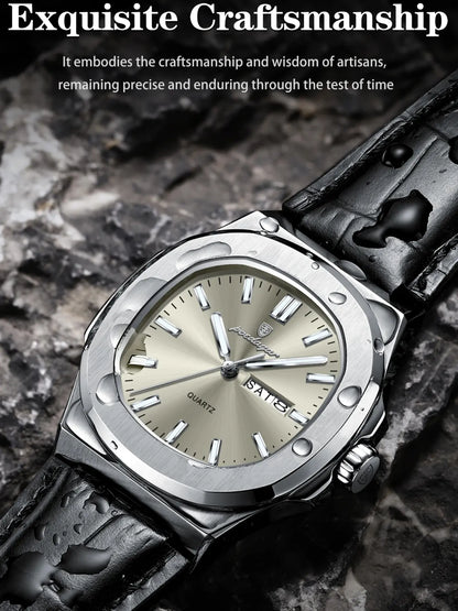Men's Waterproof Design Quartz Wristwatch with Date and Day Display, Casual Analog Watch with PU Leather Band, Perfect Gift for Him, Sporty Style Timepiece