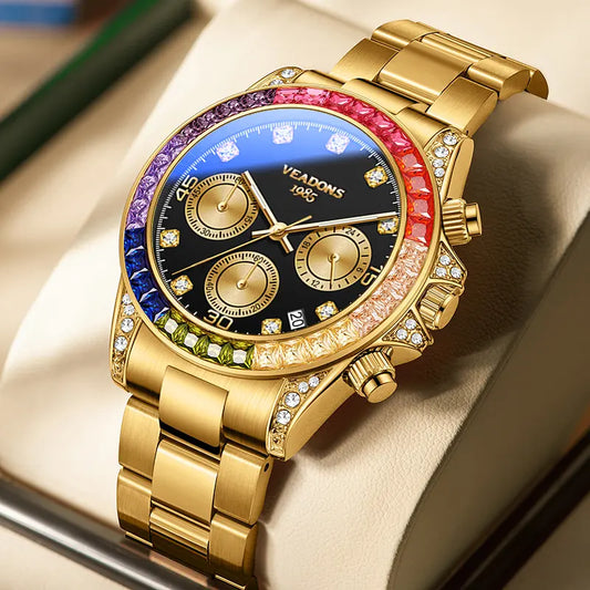 VEADONS Men's Business Fashion Rhinestone Decorated AnalogQuartz Watch Rainbow Crystal Chronograph Quartz Movement Luminous Date WaterResistant for Party Daily Wear Birthday Gift with Box