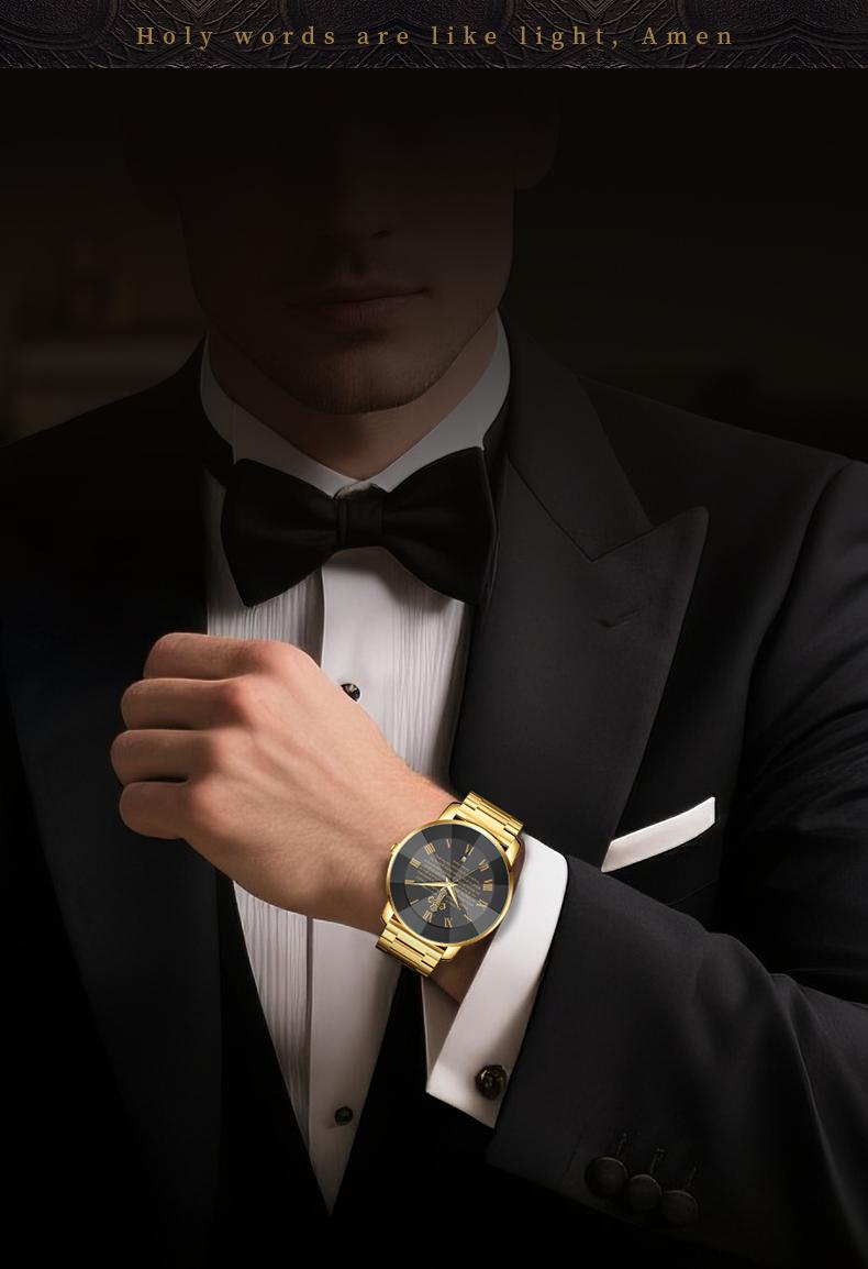 【Holiday Haul】Men's and Women’s Watch with Bible Verse and Cross Design, Waterproof Stainless Steel Band, Business Casual Style, Gold Sapphire Crystal, Perfect Gift for Birthdays, Christmas, and Halloween Quartz Chronograph Rhinestone