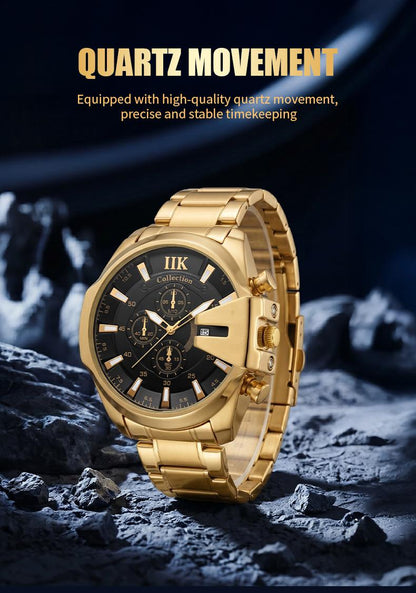 Swiss Quality Luxury Chronograph Watch for Men - Gold Tone Sport Wristwatch with Black Dial, Luminous Hands & Date Window