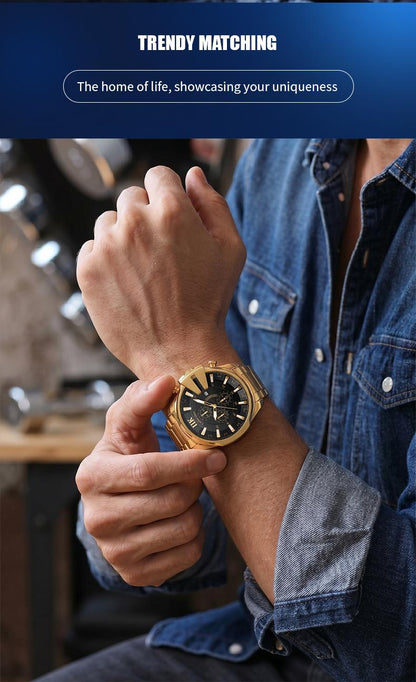 Swiss Quality Luxury Chronograph Watch for Men - Gold Tone Sport Wristwatch with Black Dial, Luminous Hands & Date Window