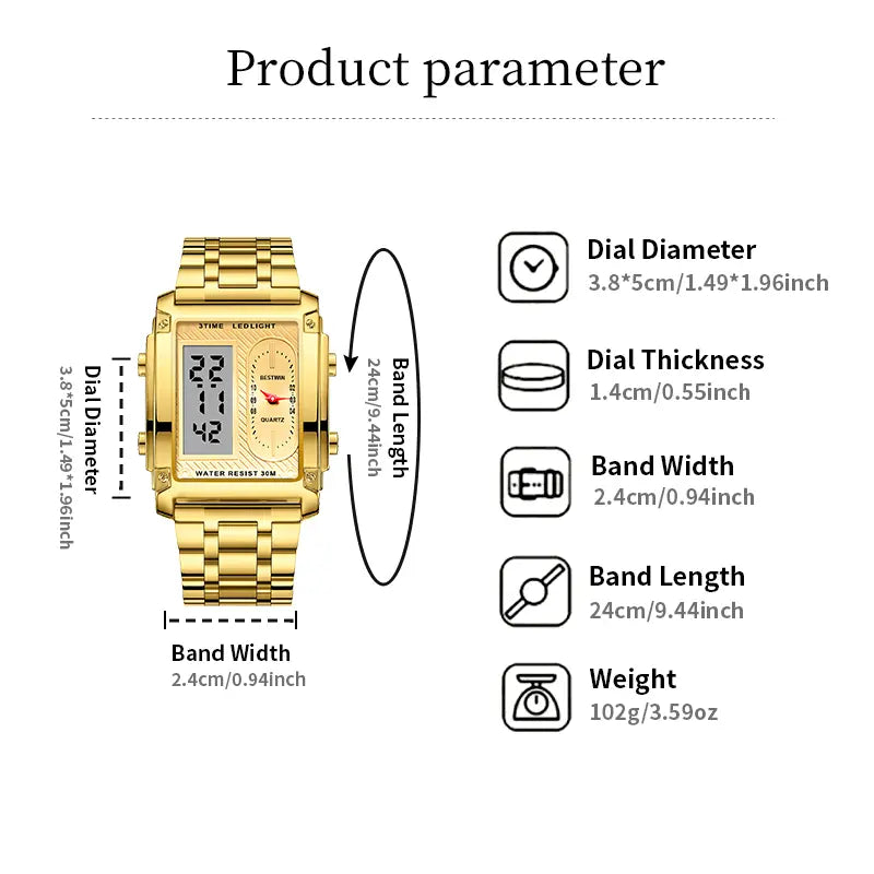 men's square creative dual-movement multifunctional sports watch, featuring a luxurious triple-time design, water resistance, luminous dial, Exuding a minimalist aesthetic, it is elegant, durable, and the perfect choice for everyday wear.
