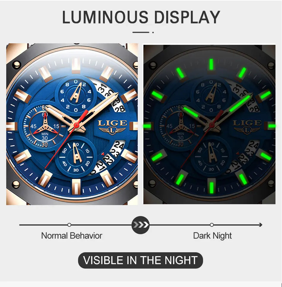 LIGE Men's Analog Quartz Sporty Waterproof Watch - Chronograph, Blue Dial, Water Resistant, Ideal for Outdoor Activities, Father Gifts, Men's Stuff
