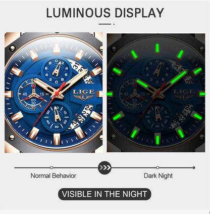 LIGE Men's Analog Quartz Sporty Waterproof Watch - Chronograph, Blue Dial, Water Resistant, Ideal for Outdoor Activities, Father Gifts, Men's Stuff