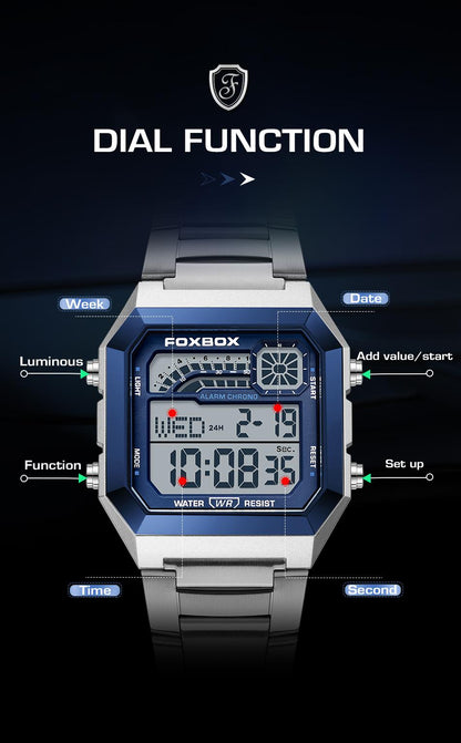 FOXBOX Men's Digital Fashion Watch - Alloy Case and Strap, Water-Resistant Design, Backlight, Time/Date/Weekday Display for Students and Adults