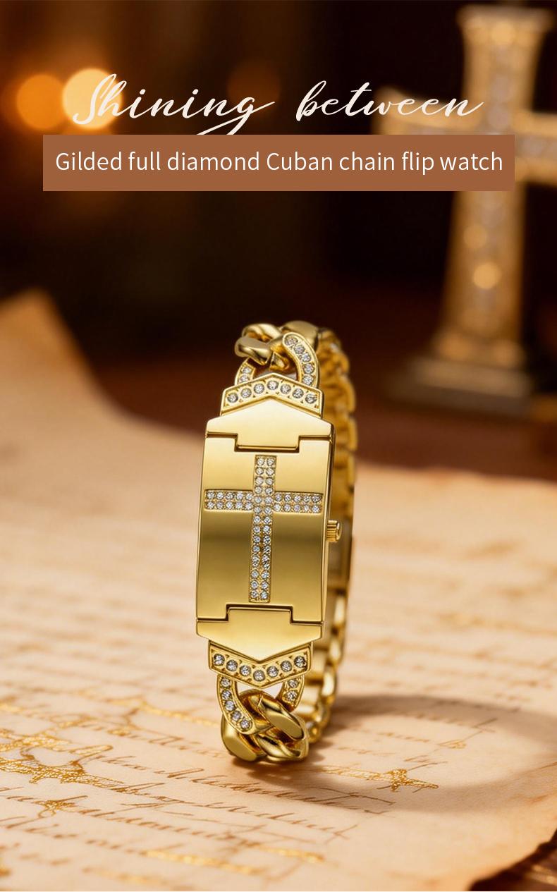 Gold Cross Bracelet Watch SummerWins 4th of july accessories Sparkling Crystal Cross Embellishment, Geometric Rectangular Dial, Premium Metal Bracelet Timepiece, Perfect for Daily Elegance & Gifting Perfect Mother’s Day gift