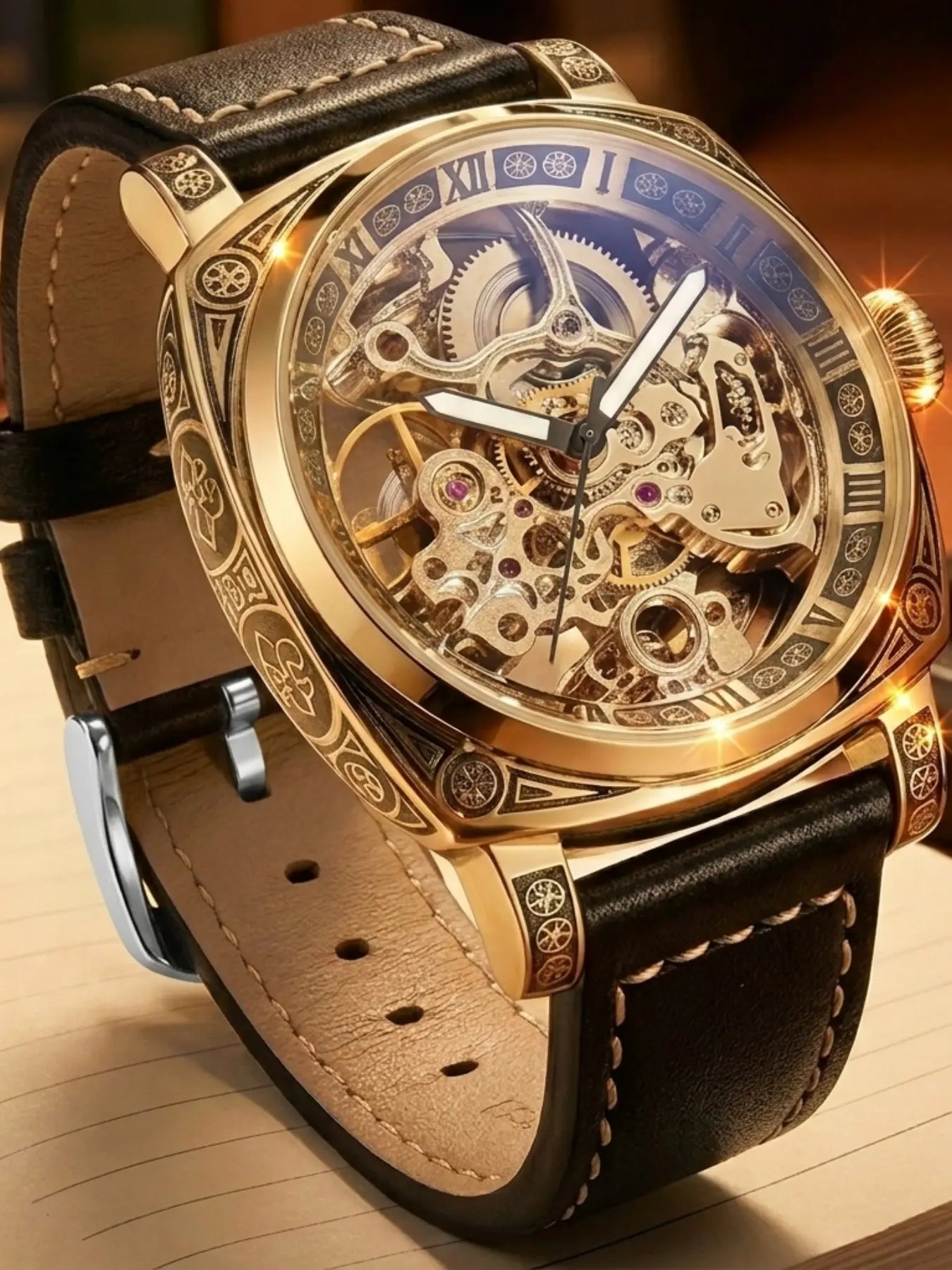 Business Fashion Round Dial Leather Strap Analog Mechanical Watch, Vintage All-match Buckle Automatic Wristwatch for Gift, Luminous Spring Pointer Design Watch with Box, Automatic Watches, National Day Offers, Mechanical Style Watches