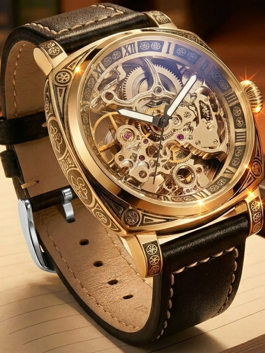 Business Fashion Round Dial Leather Strap Analog Mechanical Watch, Vintage All-match Buckle Automatic Wristwatch for Gift, Luminous Spring Pointer Design Watch with Box, Automatic Watches, National Day Offers, Mechanical Style Watches
