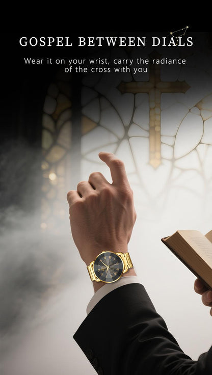 【Holiday Haul】Men's and Women’s Watch with Bible Verse and Cross Design, Waterproof Stainless Steel Band, Business Casual Style, Gold Sapphire Crystal, Perfect Gift for Birthdays, Christmas, and Halloween Quartz Chronograph Rhinestone