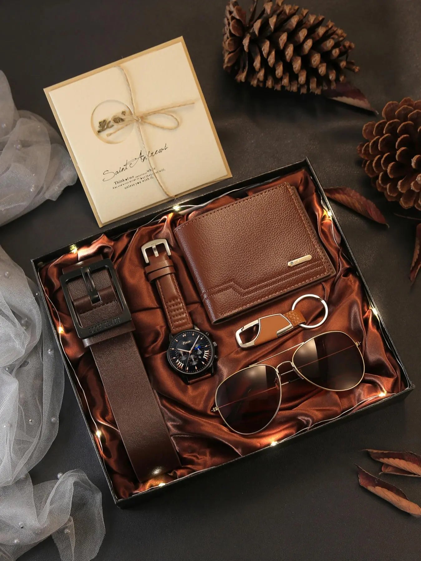 Men's Business Fashion Casual Watch Gift Set, Includes Watch, Wallet, Sunglasses, Keychain, Cufflinks and Tie Clip, with Gift Box, Birthday Gift for Men, Men Accessories, Accessory Set