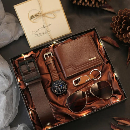Men's Business Fashion Casual Watch Gift Set, Includes Watch, Wallet, Sunglasses, Keychain, Cufflinks and Tie Clip, with Gift Box, Birthday Gift for Men, Men Accessories, Accessory Set