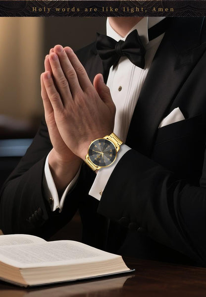 【Holiday Haul】Men's and Women’s Watch with Bible Verse and Cross Design, Waterproof Stainless Steel Band, Business Casual Style, Gold Sapphire Crystal, Perfect Gift for Birthdays, Christmas, and Halloween Quartz Chronograph Rhinestone