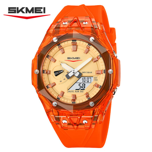 SKMEI Men's Electronic Watch Set - Transparent Case, Dual Display, 50M Water Resist, LED Luminous, Fashionable Party Watch, Alarm, Stopwatch, World Time, Sports & Casual, Color Accessories, Couple-Friendly Fashion Accessory, Luminous Fashionable Watch