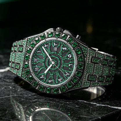 Men's Quartz Watch with Rhinestones, Luxury Ice-Dial Hip-Hop Watch with Full Artificial Water Diamonds, Rhinestone Decorated Watch, Fashionable Stylish Watch