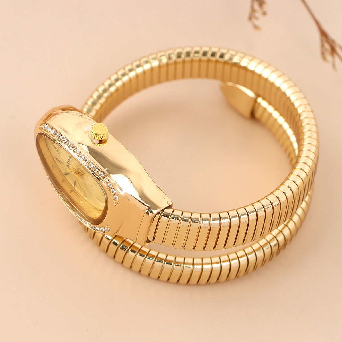 Women's Modern Snake Cuff Bracelet Design Quartz Stainless Steel Watch, Rhinestone Decor Exquisite Trendy Analog Wristwatch, Rhinestone Decorated Fashionable Gold Watches for Women As Gift, Accessories, Jewellery