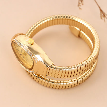 Women's Modern Snake Cuff Bracelet Design Quartz Stainless Steel Watch, Rhinestone Decor Exquisite Trendy Analog Wristwatch, Rhinestone Decorated Fashionable Gold Watches for Women As Gift, Accessories, Jewellery