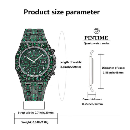 Men's Quartz Watch with Rhinestones, Luxury Ice-Dial Hip-Hop Watch with Full Artificial Water Diamonds, Rhinestone Decorated Watch, Fashionable Stylish Watch