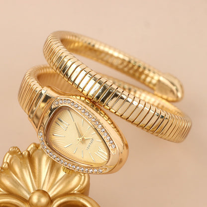 Women's Modern Snake Cuff Bracelet Design Quartz Stainless Steel Watch, Rhinestone Decor Exquisite Trendy Analog Wristwatch, Rhinestone Decorated Fashionable Gold Watches for Women As Gift, Accessories, Jewellery
