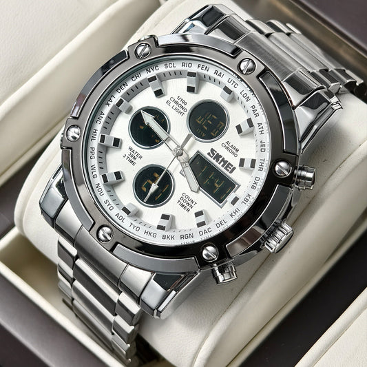 SKMEI Men's Fashion Wristwatch - 48mm Round Face Metal Case, 30M Waterproof, Stainless Steel Strap, 3 Time Zones, Nightlight, Dual Time Display, Timer, Calendar, Alarm, Unique Gifts for Man, Fashion Men's Accessories