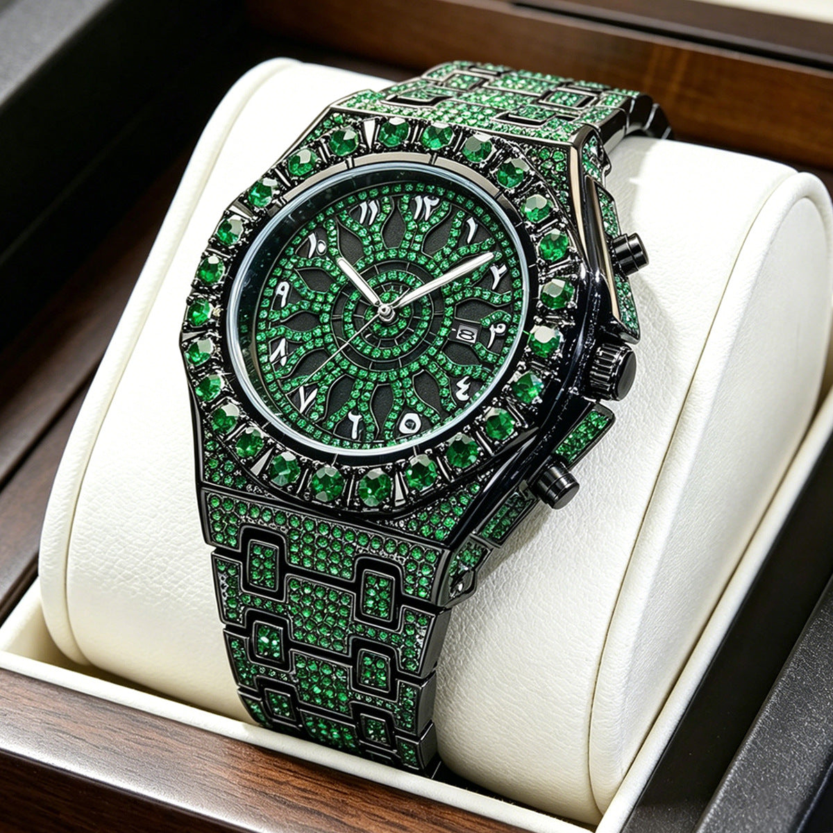 Men's Quartz Watch with Rhinestones, Luxury Ice-Dial Hip-Hop Watch with Full Artificial Water Diamonds, Rhinestone Decorated Watch, Fashionable Stylish Watch