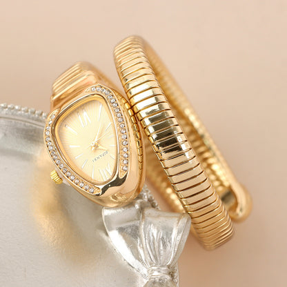 Women's Modern Snake Cuff Bracelet Design Quartz Stainless Steel Watch, Rhinestone Decor Exquisite Trendy Analog Wristwatch, Rhinestone Decorated Fashionable Gold Watches for Women As Gift, Accessories, Jewellery