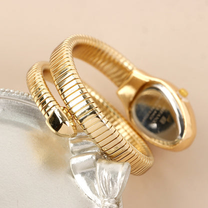 Women's Modern Snake Cuff Bracelet Design Quartz Stainless Steel Watch, Rhinestone Decor Exquisite Trendy Analog Wristwatch, Rhinestone Decorated Fashionable Gold Watches for Women As Gift, Accessories, Jewellery