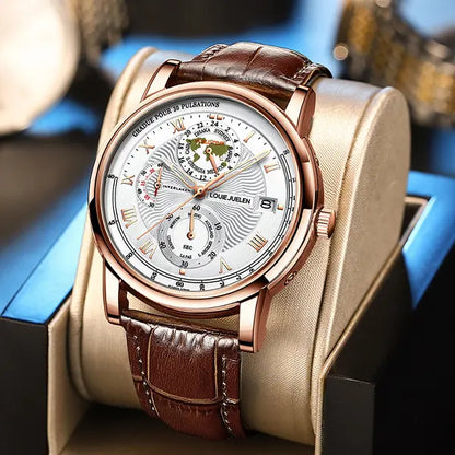 Men's Watch Original Movement LOUIEJUELEN Swiss Brand with Luminous Date Display Function 3ATM Waterproof Sapphire Crystal Artificial Leather Strap Multi-Function Chronograph Suitable for Work Occasions