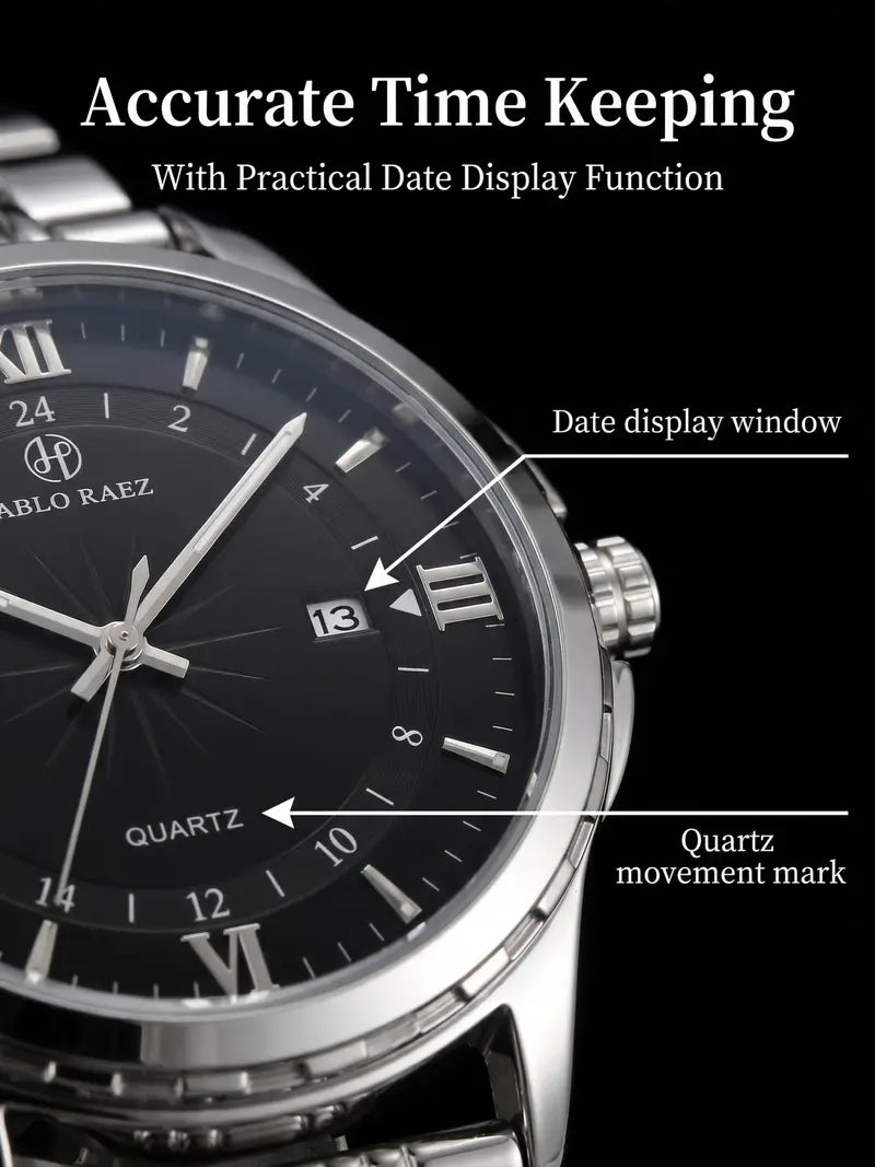 Men's Business Fashion Round Dial Analog Quartz Stainless Steel Watch, Fashion Watch for Party, Daily Clothing Decor, Trendy All-match & Exquisite Watch for Birthday Gift with Box