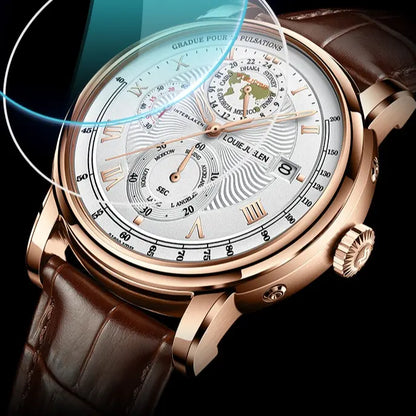 Men's Watch Original Movement LOUIEJUELEN Swiss Brand with Luminous Date Display Function 3ATM Waterproof Sapphire Crystal Artificial Leather Strap Multi-Function Chronograph Suitable for Work Occasions
