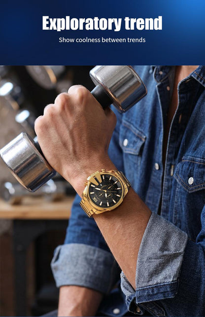 Swiss Quality Luxury Chronograph Watch for Men - Gold Tone Sport Wristwatch with Black Dial, Luminous Hands & Date Window