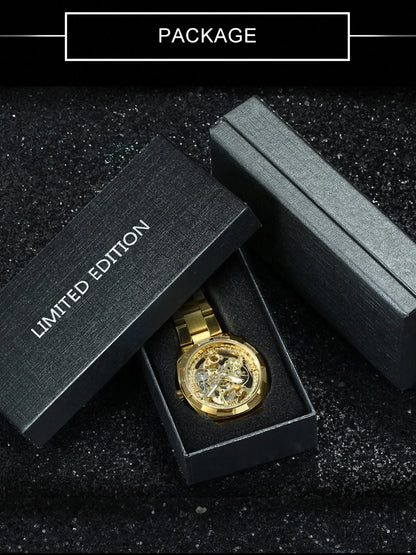 1pc Luxury Top Brand Skeleton Automatic Mechanical Watch with Box, High Quality Watch for Men, Luminous Hands, Stainless Steel Band, Business Casual Retro Festival Gifts