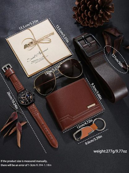 Men's Business Fashion Casual Watch Gift Set, Includes Watch, Wallet, Sunglasses, Keychain, Cufflinks and Tie Clip, with Gift Box, Birthday Gift for Men, Men Accessories, Accessory Set
