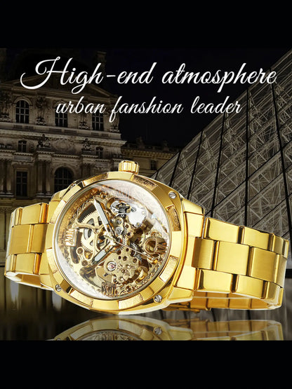 1pc Luxury Top Brand Skeleton Automatic Mechanical Watch with Box, High Quality Watch for Men, Luminous Hands, Stainless Steel Band, Business Casual Retro Festival Gifts