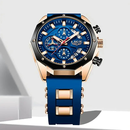 LIGE Men's Analog Quartz Sporty Waterproof Watch - Chronograph, Blue Dial, Water Resistant, Ideal for Outdoor Activities, Father Gifts, Men's Stuff