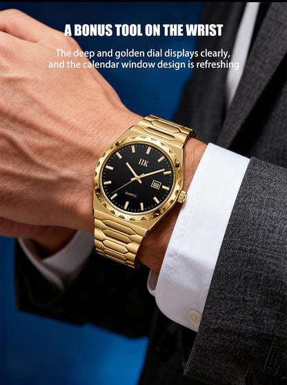 Men's Business Fashion Quartz Wristwatch - Gold Tone Black Dial with Luminous Markers, Date Function & Water Resistance，Elegant Gift Box