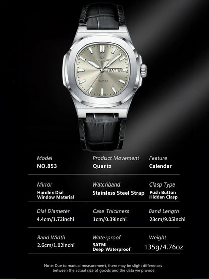 Men's Waterproof Design Quartz Wristwatch with Date and Day Display, Casual Analog Watch with PU Leather Band, Perfect Gift for Him, Sporty Style Timepiece