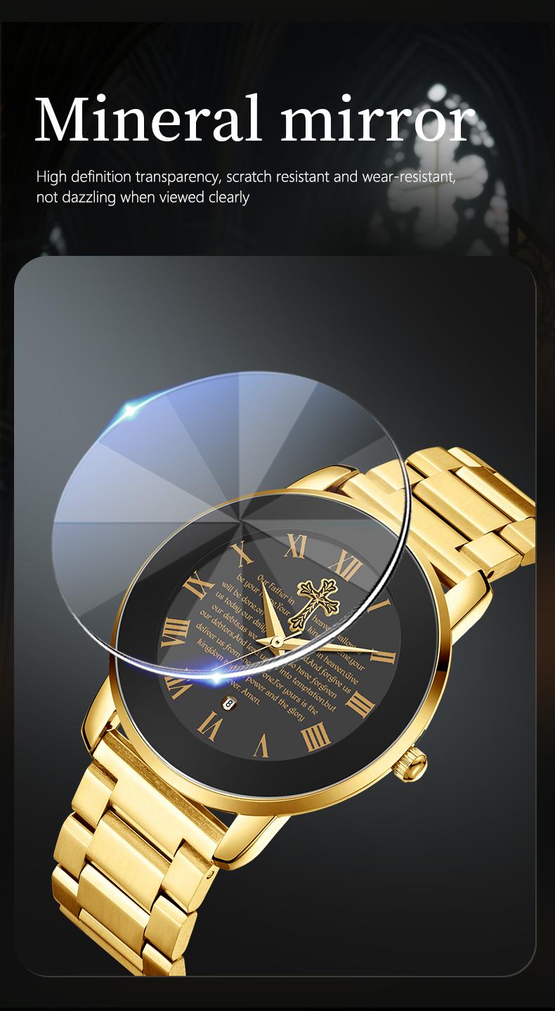 【Holiday Haul】Men's and Women’s Watch with Bible Verse and Cross Design, Waterproof Stainless Steel Band, Business Casual Style, Gold Sapphire Crystal, Perfect Gift for Birthdays, Christmas, and Halloween Quartz Chronograph Rhinestone
