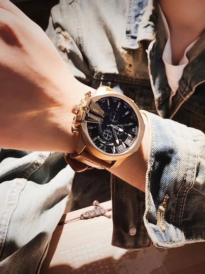 Men's Business Fashion Round Dial Analog Quartz Watch, Business Fashion Watches, Business Leather Watch for Party, Daily Clothing Decor, Trendy Exquisite Watch for Birthday Gift with Box