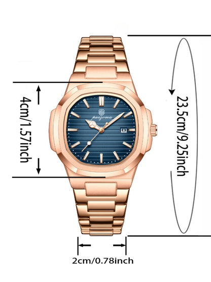 Luxury Men's Elegant Square Dial Luminous Waterproof Stainless Steel Watch with Calendar, High-Quality Quartz Analog Business Watch, Fashion Wristwatch, Stylish Watch, Perfect Gift