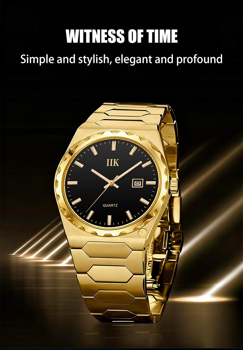 Men's Business Fashion Quartz Wristwatch - Gold Tone Black Dial with Luminous Markers, Date Function & Water Resistance，Elegant Gift Box