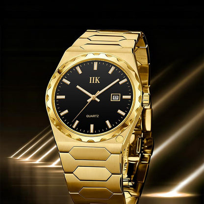 Men's Business Fashion Quartz Wristwatch - Gold Tone Black Dial with Luminous Markers, Date Function & Water Resistance，Elegant Gift Box