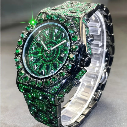 Men's Quartz Watch with Rhinestones, Luxury Ice-Dial Hip-Hop Watch with Full Artificial Water Diamonds, Rhinestone Decorated Watch, Fashionable Stylish Watch