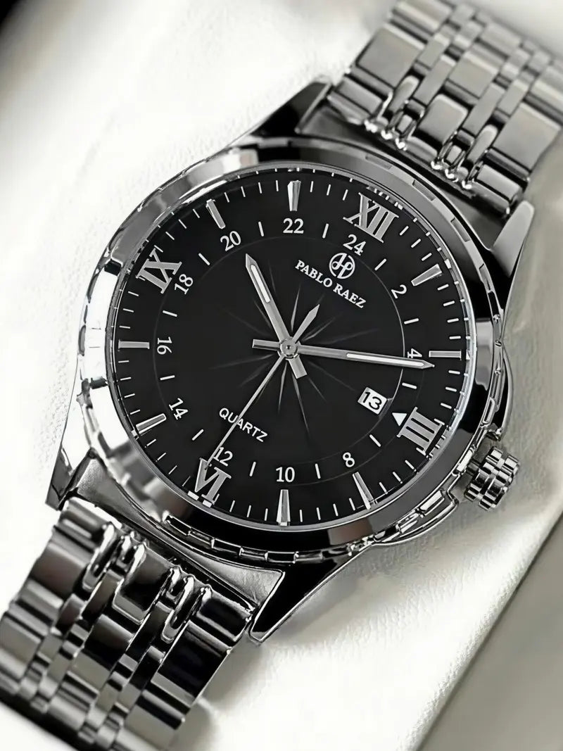 Men's Business Fashion Round Dial Analog Quartz Stainless Steel Watch, Fashion Watch for Party, Daily Clothing Decor, Trendy All-match & Exquisite Watch for Birthday Gift with Box