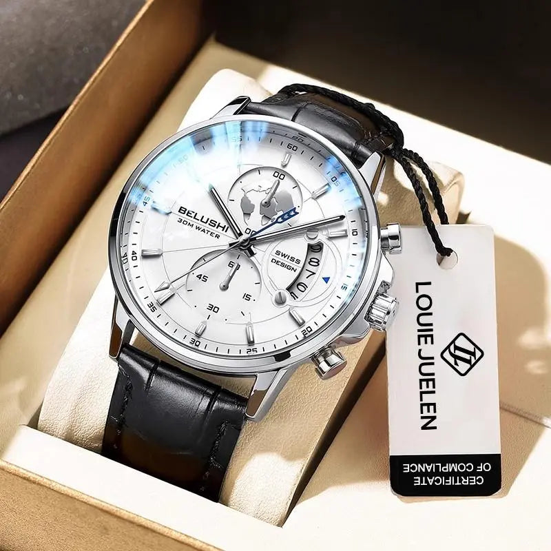 Elegant Men's Watch: Globe Design, 30m Water Resistance, Luminous Dial, Calendar & Chronograph | Stylish for Day & Business | Classic Timepiece