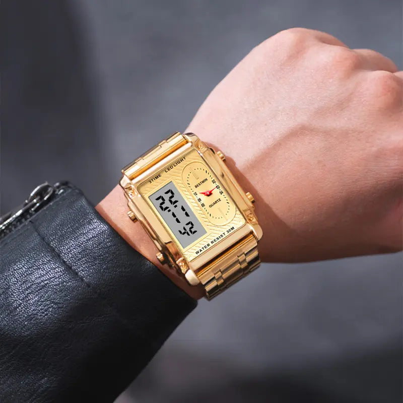 men's square creative dual-movement multifunctional sports watch, featuring a luxurious triple-time design, water resistance, luminous dial, Exuding a minimalist aesthetic, it is elegant, durable, and the perfect choice for everyday wear.