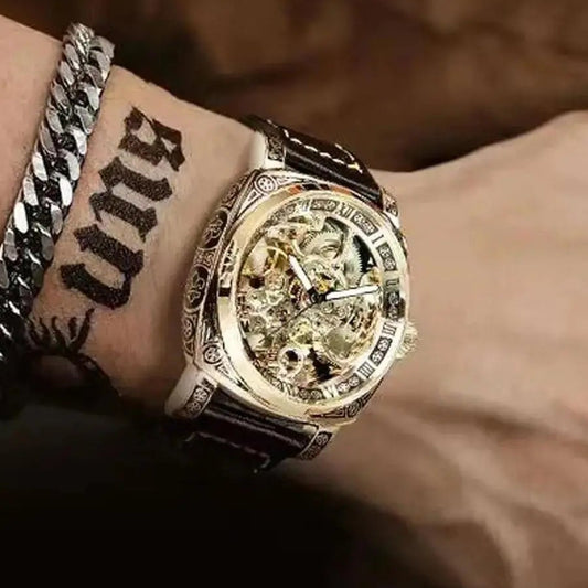 Business Fashion Round Dial Leather Strap Analog Mechanical Watch, Vintage All-match Buckle Automatic Wristwatch for Gift, Luminous Spring Pointer Design Watch with Box, Automatic Watches, National Day Offers, Mechanical Style Watches
