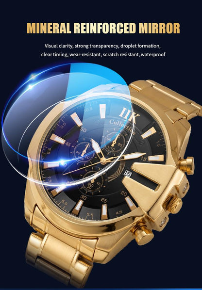 Swiss Quality Luxury Chronograph Watch for Men - Gold Tone Sport Wristwatch with Black Dial, Luminous Hands & Date Window
