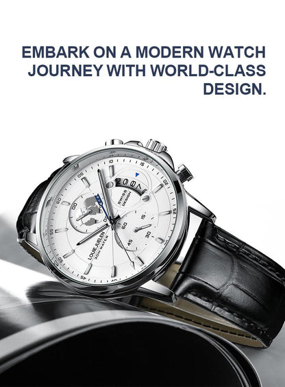 Elegant Men's Watch: Globe Design, 30m Water Resistance, Luminous Dial, Calendar & Chronograph | Stylish for Day & Business | Classic Timepiece