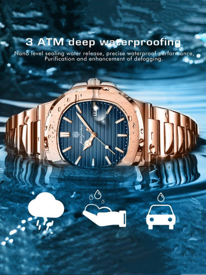 Luxury Men's Elegant Square Dial Luminous Waterproof Stainless Steel Watch with Calendar, High-Quality Quartz Analog Business Watch, Fashion Wristwatch, Stylish Watch, Perfect Gift